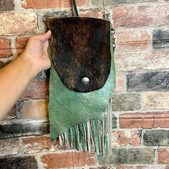 Rare Vintage Leather Fur Lined Fringe Teal Crossbody Purse - Picture 1 of 8